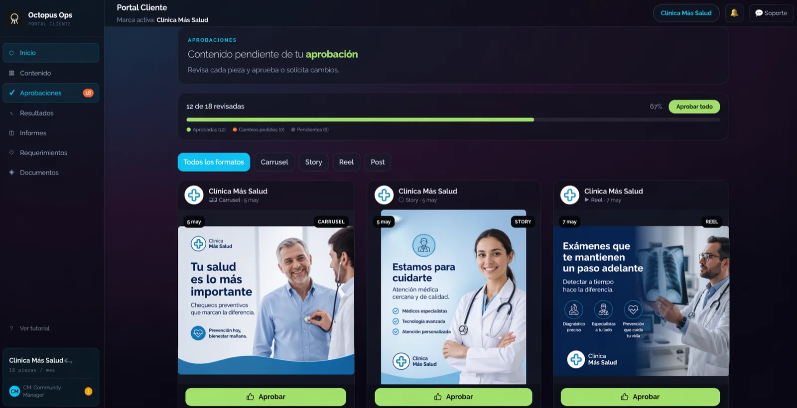 Portal Octopus Ops — Aprobaciones: piezas listas para revisar antes de publicar